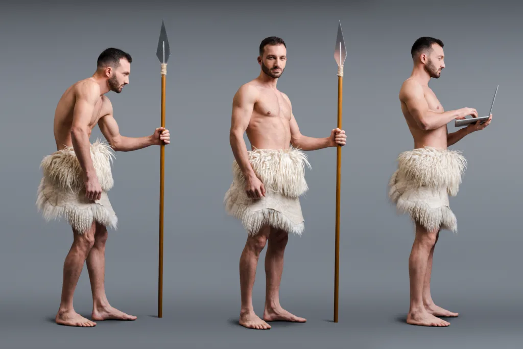Only the agile professionals who upgrade their abilities and acquire new skills can outpace their competition. Image description: collage of muscular caveman with spear and laptop on grey, evolution concept